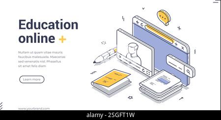 Formation en ligne bannière web moderne d'art au trait isométrique. Outils essentiels pour l'éducation en ligne, y compris une tablette, des livres et une interface d'appel vidéo, em Illustration de Vecteur