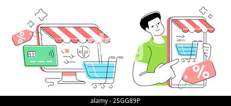 Achats en ligne via Internet. Vente au détail numérique, concept de commerce en ligne Illustration de Vecteur