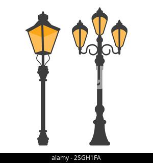 Vecteur de lampe de rue noire de style rétro. Icône de lampadaire sur fond blanc. Illustration de Vecteur