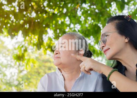 Vue de côté portrait de belle femme asiatique senior avec fille adulte posant dans le parc. Copier l'espace. Banque D'Images