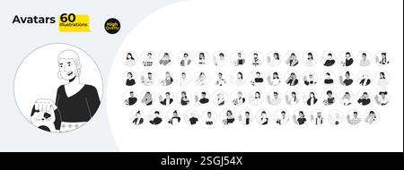 Avatars dans les cercles dessins animés contour Mega bundle Illustration de Vecteur