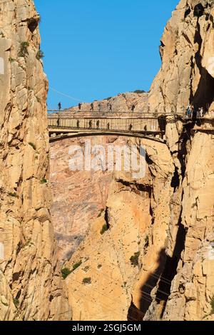 Un groupe de randonneurs marchant sur un pont suspendu traversant une gorge étroite. Banque D'Images