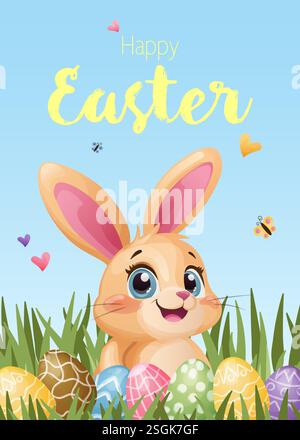 Lapin de Pâques avec des oeufs de Pâques dans l'affiche de vacances d'herbe et la carte postale Illustration de Vecteur