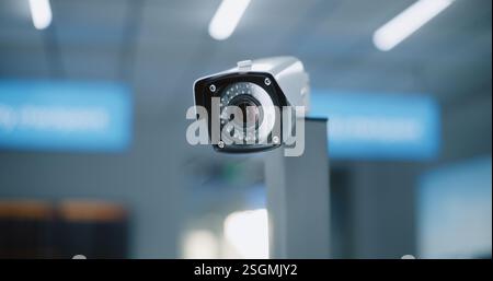 Système moderne de sécurité de l'aéroport : gros plan de la caméra de surveillance installée. Système de contrôle vidéo CCTV professionnel dans le terminal de l'aéroport. Technologie de surveillance, de suivi et de numérisation pour la sécurité des déplacements. Banque D'Images