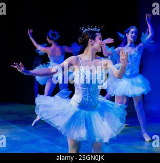 Danseurs de ballet en tutus bleu se produisant gracieusement sur scène avec des projecteurs. Casse-noisette, île de Bainbridge, États-Unis Banque D'Images