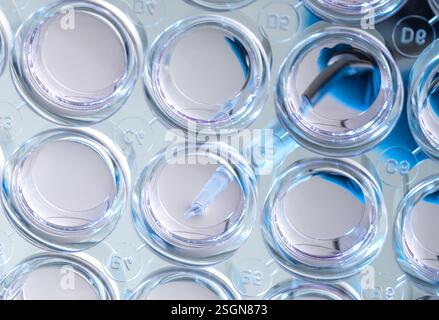 Biomédecine, scientifique préparant des cellules en milieu de croissance en laboratoire Banque D'Images