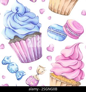 Motif aquarelle sans couture avec gâteaux. Cupcakes avec glaçage bleu et rose, macarons et bonbons. Parfait pour l'emballage, les textiles et les salutations Banque D'Images
