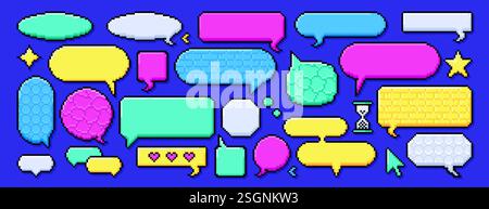 Pixels boîtes de dialogue différentes formes définies sur fond bleu. Bulles de dialogue de chat, cadres de message pour le texte ou boîte de dialogue vide de communication dans le style rétro 8 bits. Icônes de pensée pixellisées aux couleurs éclatantes Illustration de Vecteur