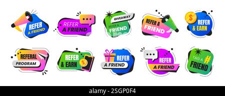 Parrainer un ami vecteur set badges. Autocollants de programme de référence ou bulles de parole avec haut-parleur, smartphone, tag et icônes de mégaphone. Étiquettes de conception marketing, signes pour la publicité ou le réseau d'affaires. Illustration de Vecteur
