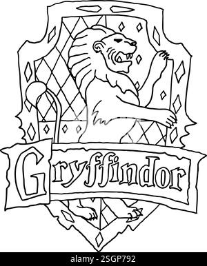 Logo Harry Potter Gryffindor dans le style doodle. Poudlard Legacy jeu. École magique de sorcellerie et de sorcellerie. Illustration vectorielle isolée sur w Illustration de Vecteur