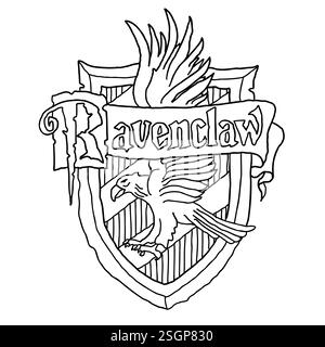 Harry Potter Ravenclaw logo dans le style doodle contour. Poudlard Legacy jeu. École magique de sorcellerie et de sorcellerie. Illustration vectorielle isolée sur wh Illustration de Vecteur