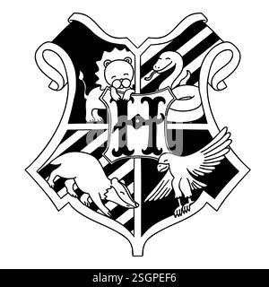 Logo Harry Potter Poudlard avec des animaux mignons. Illustration vectorielle dans le style doodle de dessin animé isolé sur fond blanc. Illustration de Vecteur