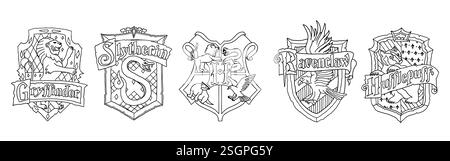 Collection de logo Harry Potter dans le style doodle de contour. Gryffindor, Slytherin, Ravenclaw et Hufflepuff. Poudlard Legacy jeu. École magique de sorcellerie Illustration de Vecteur