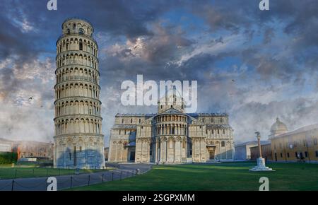 Photo de la tour romane médiévale penchée de Pise (clocher de la cathédrale, torre pendente di Pisa), dans la brume au lever du soleil, Pise, Italie. Banque D'Images