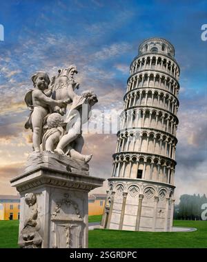 Photo de la tour romane médiévale penchée de Pise (clocher de la cathédrale, torre pendente di Pisa) au coucher du soleil, Pise, Italie. La hauteur de la tour Banque D'Images