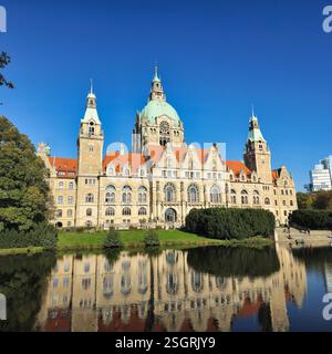 Une vue imprenable sur un bâtiment historique se reflétant magnifiquement sur un lac serein sous un ciel bleu clair Hanovre Maschsee Banque D'Images