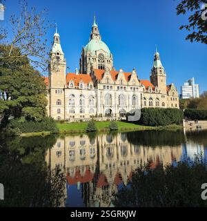 Un bâtiment historique à couper le souffle est magnifiquement reflété dans un lac de parc serein sous un ciel bleu clair et lumineux Hanovre Maschsee Banque D'Images