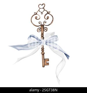 Aquarelle à touches vintage. Clé en bronze dessinée à la main avec arc bleu sur fond blanc isolé. Clip art shabby chic. Idéal pour les affiches, les cartes postales et le blog Banque D'Images