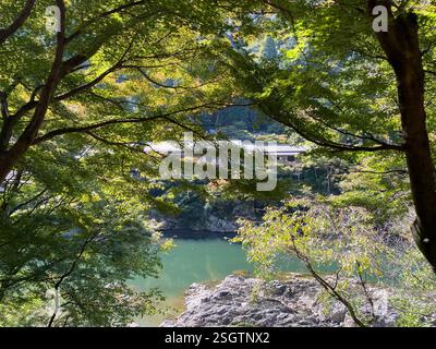 Une rivière aux eaux vertes le long de la gorge et entourée de montagnes et d'érables dans la ville de Kyoto. Banque D'Images