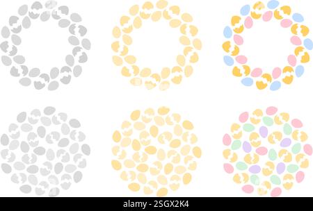 Oeufs de Pâques et coquilles d'oeufs craquelés cadres circulaires et fond rond monochrome et coloré ensemble 6. Illustration vectorielle isolée carte thématique, dépliant, livret, étiquette de prix, étiquette ou bannière promo web Illustration de Vecteur