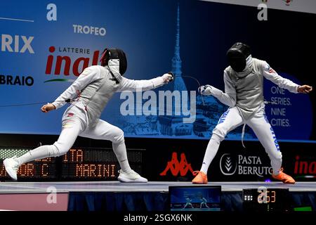 Turin, Italie, Italie. 9 février 2025. Italie, Turin 9 février 2025 Inalpi Arena . Grand Prix FIE Inalpi Trophée de Foil 2025.CHOUPENITCH Alexander CZE jouer contre . MARINI Tommaso ITA lors du Foil Grand Prix FIE Inalpi Trophée de Foil 2025 à Turin. (Crédit image : © Tonello Abozzi/Pacific Press via ZUMA Press Wire) USAGE ÉDITORIAL SEULEMENT! Non destiné à UN USAGE commercial ! Banque D'Images