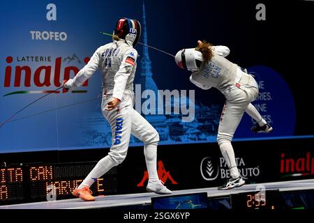 Turin, Italie, Italie. 9 février 2025. Italie, Turin 9 février 2025 Inalpi Arena . Grand Prix FIE Inalpi Trophée de Foil 2025.ERRIGO Arianna ITA jouer contre HARVEY Eleanor CAN lors du Womens's Foil Grand Prix Fie Inalpi Trophée de Foil 2025 à Turin (crédit image : © Tonello Abozzi/Pacific Press via ZUMA Press Wire) USAGE ÉDITORIAL SEULEMENT! Non destiné à UN USAGE commercial ! Banque D'Images