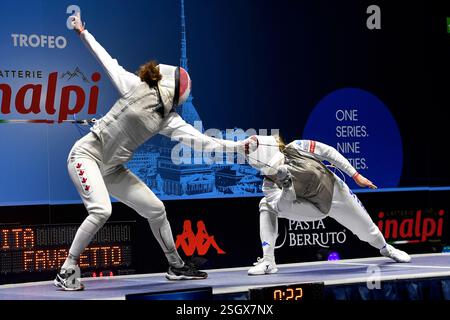 Turin, Italie, Italie. 9 février 2025. Italie, Turin 9 février 2025 Inalpi Arena . Grand Prix FIE Inalpi Trophy of Foil 2025.HARVEY Eleanor PEUT jouer contre FAVARETTO Martina ITA lors du FOMENS's Foil Grand Prix Fie Inalpi Trophy of Foil 2025 à Turin. (Crédit image : © Tonello Abozzi/Pacific Press via ZUMA Press Wire) USAGE ÉDITORIAL SEULEMENT! Non destiné à UN USAGE commercial ! Banque D'Images