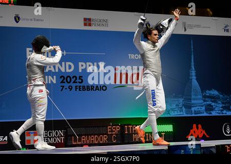 Turin, Italie, Italie. 9 février 2025. Italie, Turin 9 février 2025 Inalpi Arena . Grand Prix FIE Inalpi Trophée de Foil 2025.CHOUPENITCH Alexander CZE jouer contre . MARINI Tommaso ITA lors du Foil Grand Prix FIE Inalpi Trophée de Foil 2025 à Turin. (Crédit image : © Tonello Abozzi/Pacific Press via ZUMA Press Wire) USAGE ÉDITORIAL SEULEMENT! Non destiné à UN USAGE commercial ! Banque D'Images