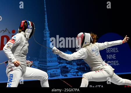 Turin, Italie, Italie. 9 février 2025. Italie, Turin 9 février 2025 Inalpi Arena . Grand Prix FIE Inalpi Trophée de Foil 2025.ERRIGO Arianna ITA jouer contre HARVEY Eleanor CAN lors du Womens's Foil Grand Prix Fie Inalpi Trophée de Foil 2025 à Turin (crédit image : © Tonello Abozzi/Pacific Press via ZUMA Press Wire) USAGE ÉDITORIAL SEULEMENT! Non destiné à UN USAGE commercial ! Banque D'Images