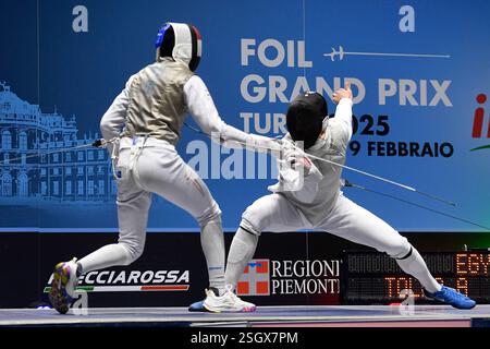 Turin, Italie, Italie. 9 février 2025. Italie, Turin 9 février 2025 Inalpi Arena . Grand Prix FIE Inalpi Trophée de Foil 2025.Abdelrahman Tolba EGY joue contre CHOUPENITCH Alexander CZE lors du Grand Prix de Foil masculin Fie Inalpi Trophée de Foil 2025 à Turin. (Crédit image : © Tonello Abozzi/Pacific Press via ZUMA Press Wire) USAGE ÉDITORIAL SEULEMENT! Non destiné à UN USAGE commercial ! Banque D'Images