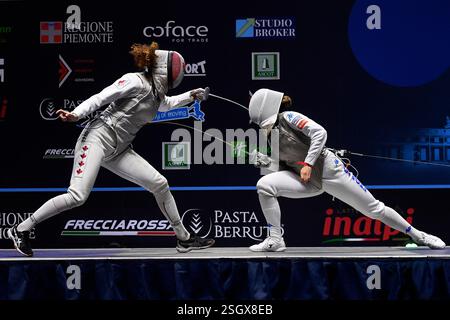 Turin, Italie, Italie. 9 février 2025. Italie, Turin 9 février 2025 Inalpi Arena . Grand Prix FIE Inalpi Trophy of Foil 2025.HARVEY Eleanor PEUT jouer contre FAVARETTO Martina ITA lors du FOMENS's Foil Grand Prix Fie Inalpi Trophy of Foil 2025 à Turin. (Crédit image : © Tonello Abozzi/Pacific Press via ZUMA Press Wire) USAGE ÉDITORIAL SEULEMENT! Non destiné à UN USAGE commercial ! Banque D'Images