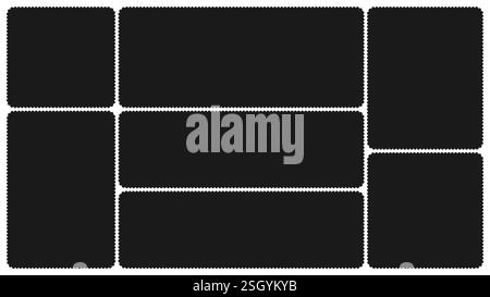 Modèle de cadre à bords festonnés. Formes de grille de collage Bento. Bordures modulaires géométriques de panneaux d'images avec perforations. Étiquetez les boîtes de texte avec volants en dentelle. Tendance Illustration de Vecteur