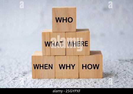 Qui, quoi, où, quand, pourquoi et comment texte sur des cubes en bois. Concept d'établissement des faits. Banque D'Images