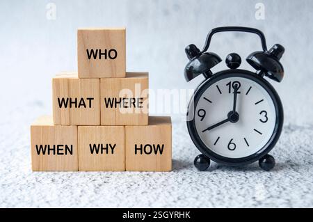 Qui, quoi, où, quand, pourquoi et comment texte sur des cubes en bois avec fond d'horloge de table. Concept d'établissement des faits. Banque D'Images