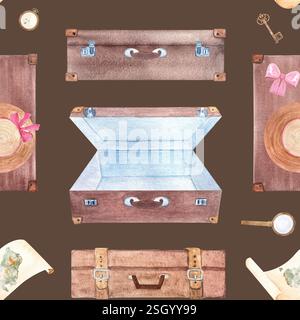 Valises, parchemin avec carte de l'Australie, chapeau de soleil, loupe aquarelle motif sans couture sur fond marron. Dessiné à la main pour stationnaire Banque D'Images