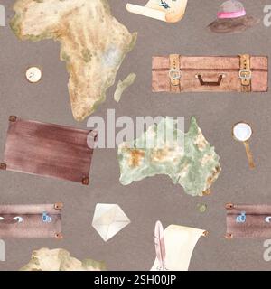 Valises, parchemin avec l'Australie, carte de l'Afrique, chapeau de soleil, loupe aquarelle motif sans couture sur fond taupe. Dessiné à la main pour stationnaire Banque D'Images