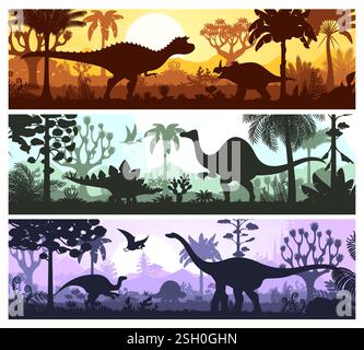 Paysage préhistorique avec des silhouettes de dinosaures. Ensemble de bannières horizontales d'animaux Dino jurassiques sur fond vectoriel de forêt de jungle, montagnes et Illustration de Vecteur