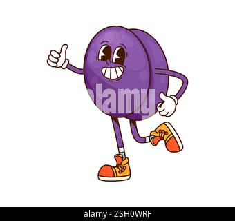 Personnage de fruit de prune groovy de dessin animé drôle. Personnage fruité mûr vecteur isolé portant des baskets et des gants rétro, souriant joyeusement et clignotant th Illustration de Vecteur