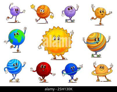 Personnages de planètes groovy du système solaire, éducation des enfants vectoriels, espace et astronomie. Dessin animé rétro psychédélique Soleil, Terre, Lune et Jupiter. Sam. Groovy Illustration de Vecteur