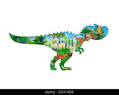 Silhouette de dinosaure coupé en papier avec paysage préhistorique. Dinosaure préhistorique, fond de reptile éteint avec allosaurus, shunosaurus, melanorosauru Illustration de Vecteur