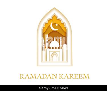 Papier coupé Ramadan Kareem salutations, mosquée musulmane dorée, lune et étoile vecteur carte 3d de vacances de religion Islam. Cadre de découpe de papier de fenêtre de mosquée avec Ar Illustration de Vecteur