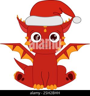Un vecteur de ligne graphique de dessin animé mignon dragon rouge dans un chapeau de Père Noël. Illustration animale du nouvel an sur fond blanc. Lanterne chinoise du nouvel an lunaire 2036 Illustration de Vecteur