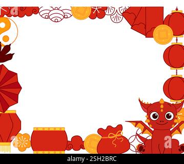 2036 nouvel an du Dragon Rouge. Éléments traditionnels chinois pour le festival de lanterne lunaire avec le vecteur de caractère de dragon mignon rectangle graphique de ligne fra Illustration de Vecteur