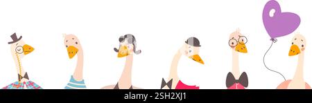 Bannière de têtes d'oie. Cartoon Oies dans différentes émotions et chapeaux. Adorable affiche de personnages d'oiseaux de ferme, animaux enfantins avec des accessoires, set vectoriel Illustration de Vecteur