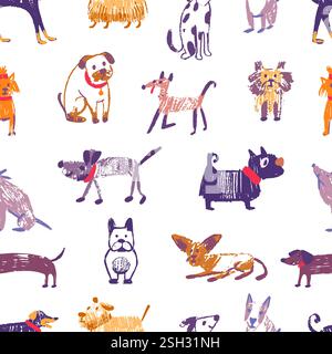Grunge Dogs motif sans couture. Animaux de dessin de style crayon, différents chiots et chien. Imprimez avec des animaux de compagnie pour l'emballage de page Web de tissu, vecteur néotérique Illustration de Vecteur