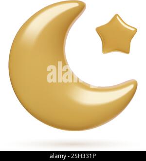 croissant d'or 3d lune et illustration vectorielle d'étoile isolé sur fond blanc Illustration de Vecteur