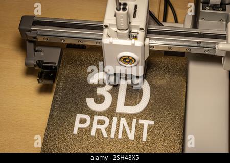 Imprimante 3D moderne créant les mots en petg blanc Banque D'Images