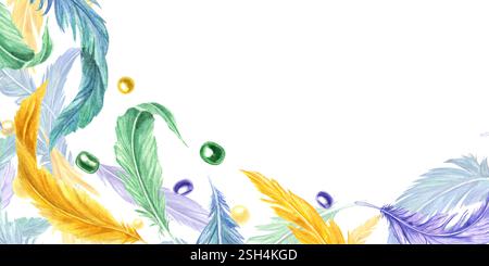 Plumes d'oiseau aquarelle, perles dans les couleurs de carnaval mardi gras bordure avec un espace vide pour le texte. Illustration colorée de panache naturel isolé Banque D'Images
