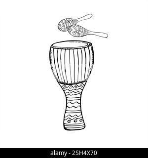 Tambour djembé avec deux shakers maraca colorés illustration aquarelle arrière-plan isolé. Instruments de percussion de musique traditionnelle latine et des Caraïbes Illustration de Vecteur