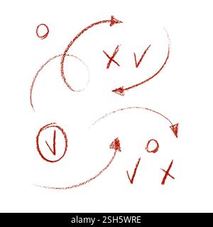 Ensemble de flèches, croix, icône de vérification, coche, icône de cercle dessinée avec un crayon rouge isolé sur fond transparent. Illustration clipart design Banque D'Images